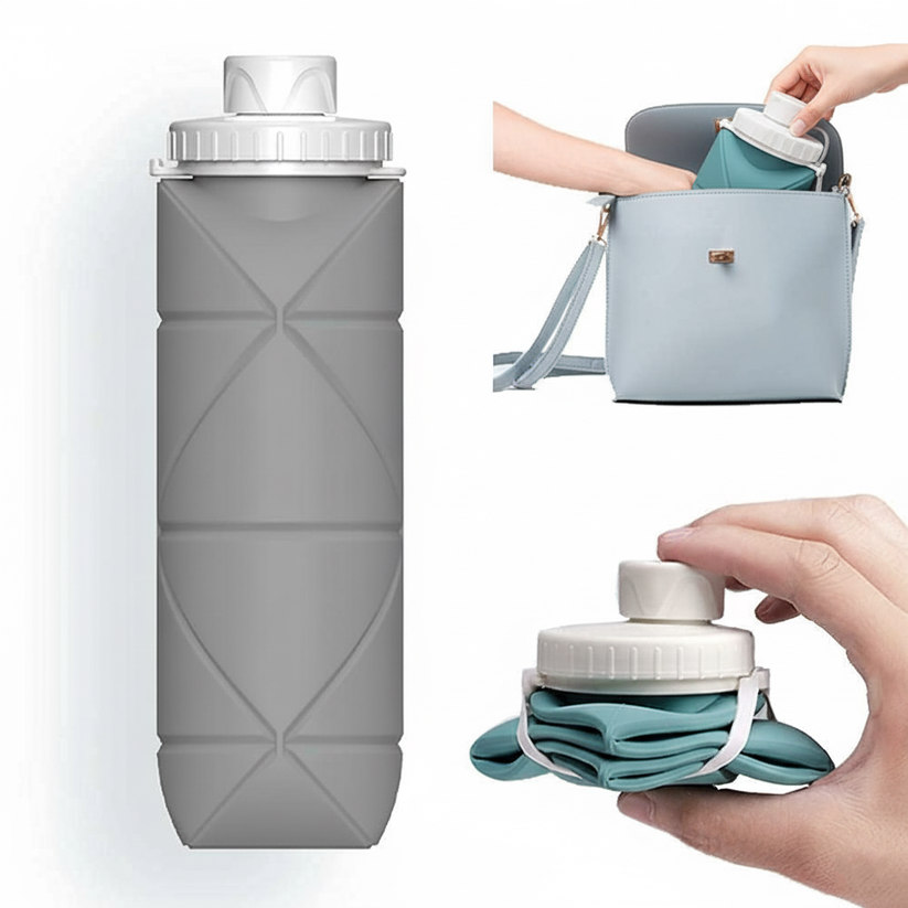 Collapsible Silicone Sports Water Bottle (600ml) – Leakproof & BPA-Free (Grey)