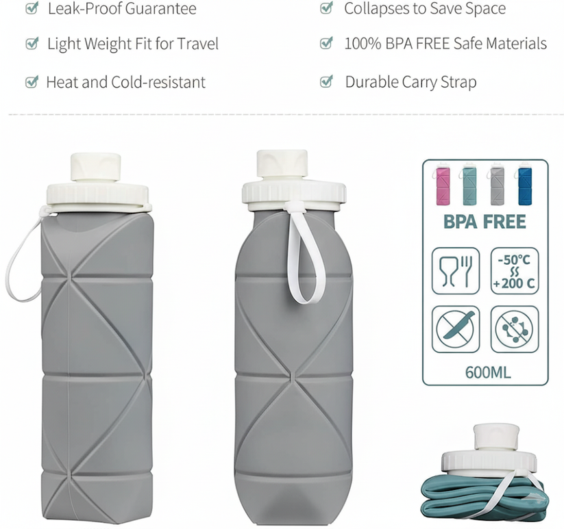 Collapsible Silicone Sports Water Bottle (600ml) – Leakproof & BPA-Free (Grey)