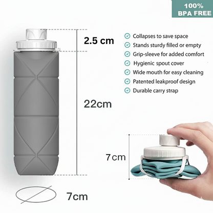Collapsible Silicone Sports Water Bottle (600ml) – Leakproof & BPA-Free (Grey)