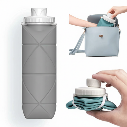 Collapsible Silicone Sports Water Bottle (600ml) – Leakproof & BPA-Free (Grey)