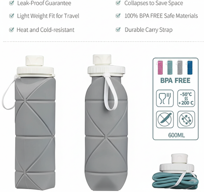 Collapsible Silicone Sports Water Bottle (600ml) – Leakproof & BPA-Free (Grey)